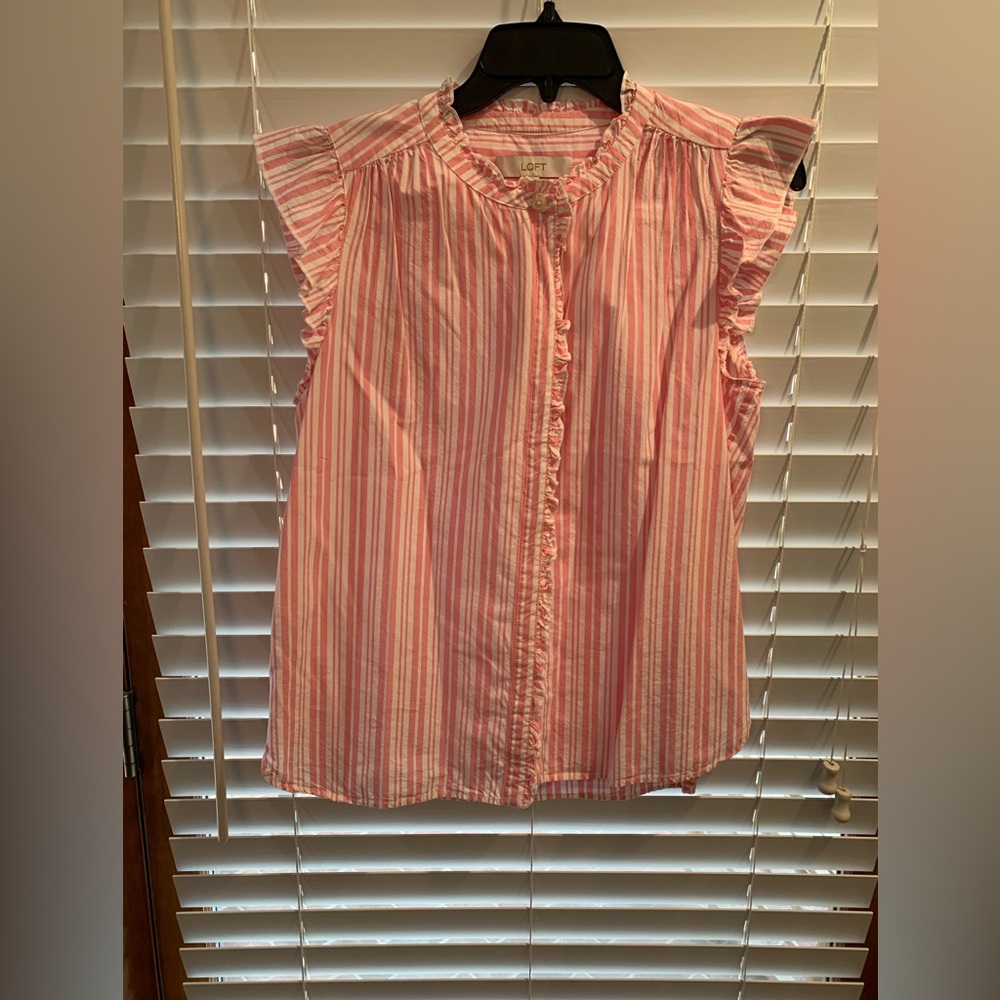 LOFT WOMEN'S STRIPED RUFFLE TOP PINK SMALL COTTON
